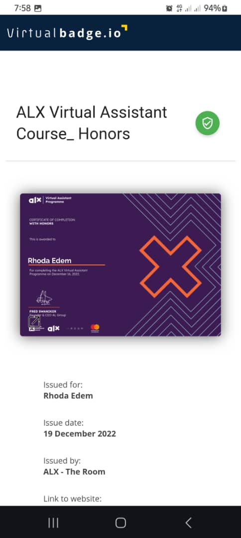 ALX Virtual Assistant Programme certificate